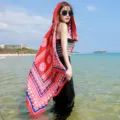 Elegant bohemian red ethnic print beach shawl and sun protection scarf for women - 180x100cm / Red Circles