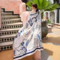 Oversized nautical print silk shawl with anchor and ship patterns for travel - 180x100cm / White Sailboat