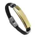 Schwarzes geflochtenes Lederarmband mit einer gravierbaren goldenen Edelstahlplatte - Gold