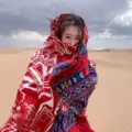 Red ethnic style oversized shawl for desert travel photography - 180x100cm / Diamond Red