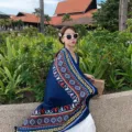 Large ethnic style navy blue shawl with colorful bohemian pattern for travel photos - 180x100cm / Ethnic Style Blue