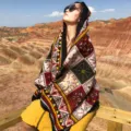 Ethnic style patterned red shawl for travel photography and outdoor desert wear - 180x100cm / Coffee Square