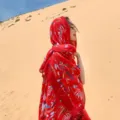 Red ethnic floral print shawl scarf for sun protection and photography in desert travel - 180x100cm / Thai Style