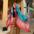 Bohemian red ethnic shawl with turquoise tribal patterns and decorative tassels for women - 180x100cm / Dali Style