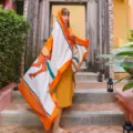 Vibrant orange ethnic shawl with equestrian horse print for travel and photography - 180x100cm / Yellow Horse