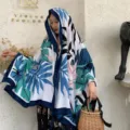 Bohemian style oversized shawl scarf with blue and green tropical leaf patterns - 180x100cm / Pink And Blue Leaves