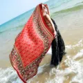 Bohemian large red ethnic floral print silk shawl scarf for summer beach vacation photography - 180x100cm / Lijiang Style