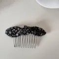 Close-up of retro floral bow hair comb with black fabric on white background - Hair Comb (Black Floral Bow) / Black