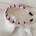 Close-up of pink plaid cloth headband with black spike teeth, Korean hair accessory - Pink Plaid Wavy Headband