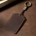 Premium vintage dark brown Crazy Horse leather keychain cardholder for access cards - Round Buckle / Brown
