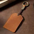 Premium handmade Crazy Horse leather keychain card holder in vintage brown finish - Round Buckle / Brown