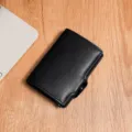 Men's Black Leather Popup Card Wallet Metal RFID Blocking Slim Card Holder Variant - Smooth Black