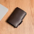 Men's RFID blocking metal card holder dark brown leather automatic pop-up wallet minimalist - Smooth Coffee