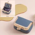 Compact blue genuine leather jewelry box with gold clasp and polka dot lining chic - Denim Blue