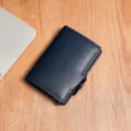 Men minimalist RFID blocking pop up card holder wallet sleek leather metal pocket wallet - Plain Blue