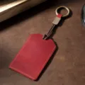 Vintage red crazy horse leather key ring card holder sleeve with antique bronze metal ring - Round Buckle / Red
