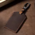 Premium dark brown crazy horse leather card holder keychain with black metal carabiner - Square Buckle Style / Brown