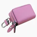 Elegante custodia per chiavi auto in pelle Saffiano rosa con doppia cerniera e gancio - Rosa