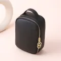 Portable black pebble leather cosmetic bag with gold heart zipper pull - Black