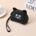 Lindo monedero de gato en cuero negro con una correa de muñeca desmontable suave - Negro