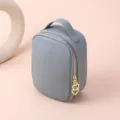 Premium grey lychee grain cowhide leather makeup bag with gold heart-shaped zipper pull - Blue