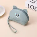 Lindo monedero gato de cuero gris con correa de mano desmontable y cremallera - Azul claro