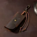 Vintage crazy horse leather car key case with metal clip and braided lanyard - Coffee