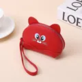 Monedero de cuero rojo con forma de gato, correa de muñeca y cara de dibujos animados - Rojo Brillante