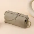 Elegant taupe genuine cowhide leather cosmetic shoulder bag with detachable gold chain strap - Gray