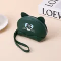 Monedero de cuero verde oscuro con forma de gato y correa de muñeca extraíble - Verde oscuro