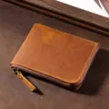Premium vintage brown crazy horse leather coin purse featuring a durable metal zipper - Brown