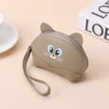 Lindo monedero de cuero de vaca caqui con forma de gato y correa de muñeca desmontable - Caqui