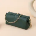 Premium dark green cowhide leather cosmetic bag with detachable gold chain strap - Dark Green