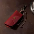 Retro red crazy horse leather car key case with bronze snap button and metal hook - Burgundy