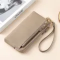 Pochette longue en cuir véritable kaki avec triple fermeture éclair et dragonne - Gris