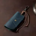 Vintage blue crazy horse leather key pouch with bronze button and hook - Dark Blue