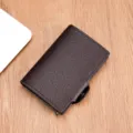 Men's RFID blocking metal pop up card wallet leather card holder case brown slim minimalist - Cross-grain Coffee