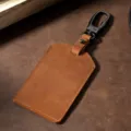 Vintage brown crazy horse leather card holder with black metal swivel hook keychain - Square Buckle Style / Brown