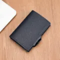 Men's RFID blocking metal pop up card holder minimalist leather wallet slim business case. - Cross Pattern Blue