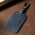 Blue crazy horse leather card holder keychain with black metal clip and orange stitching. - Square Buckle Style / Blue