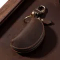 Vintage dark brown Crazy Horse leather car key pouch with zipper closure and brass keyring - Dark Coffee