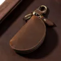 Vintage handcrafted crazy horse leather car key pouch with antique bronze clip - Light Coffee