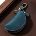 Retro crazy horse leather car key pouch in vintage blue with brass hardware finish - Dark Blue