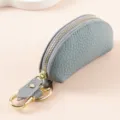 Étui élégant gris en cuir véritable pour clé de voiture avec fermeture éclair dorée - Bleu clair