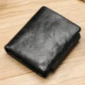 Cartera de hombre retro en cuero encerado negro de alta calidad con gran capacidad - Negro