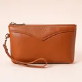 Stylish brown litchi grain leather wristlet bag for women, large capacity clutch. - Brown