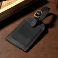 Premium black crazy horse leather luggage tag with adjustable vintage brass buckle - Black