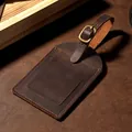 Dark brown crazy horse leather luggage tag with retro metallic buckle and card slot - Coffee