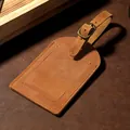 Vintage brown crazy horse leather luggage tag with adjustable buckle strap for travel - Brown