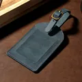 Handmade blue-grey crazy horse leather luggage tag with brass buckle and hidden slot - Dark Blue